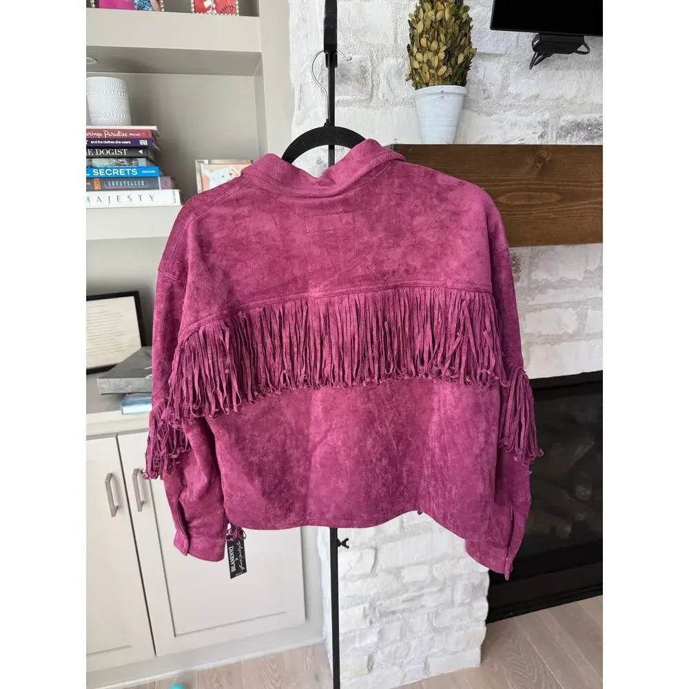 Blank NYC Free People Women's Pink Fringe Twist Shout Vegan Suede Jacket Size M